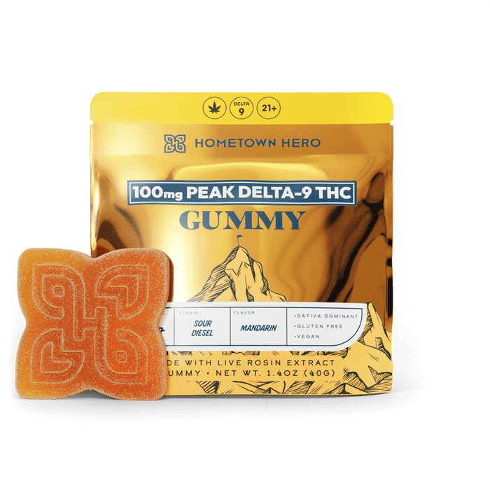 Hometown Hero Peak Delta 9 Gummy Mandarin Sour Diesel 100mg (1 to 5 Gummies) | CBDdatabase.com