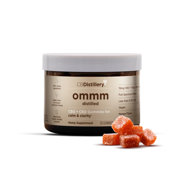 CBDistillery ommm Distilled Full Spectrum CBG and CBD Gummies 30mg (30 Count) Mango jar with gummies