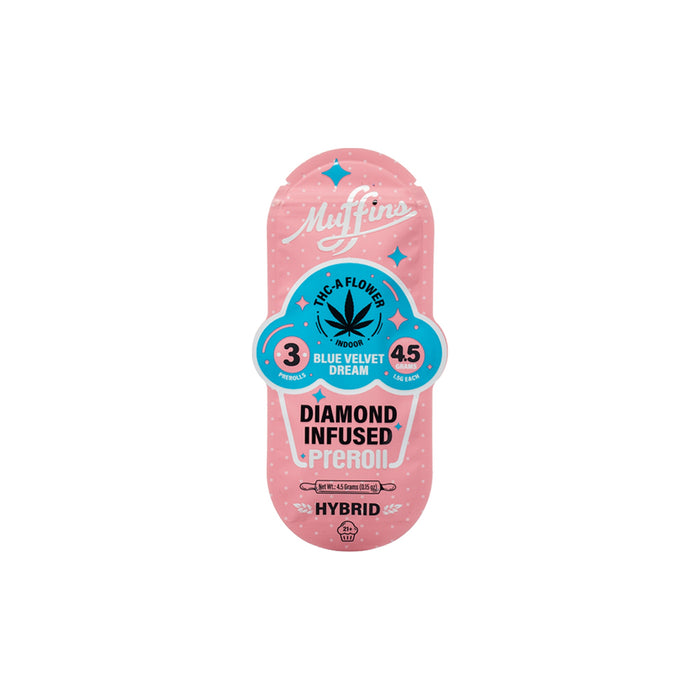 Muffins THCA Diamond Infused Pre-Rolls 4.5g (3 Count) Blue Velvet Dream front | CBDdatabase.com