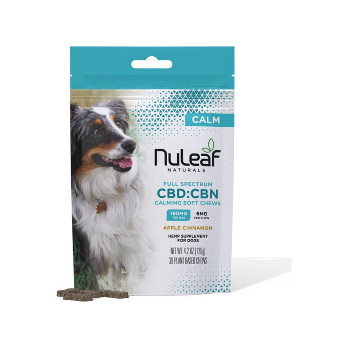 NuLeaf Naturals Full Spectrum CBD and CBN Calming Soft Chews for Dogs 180mg (30 Count) front | CBDdatabase.com
