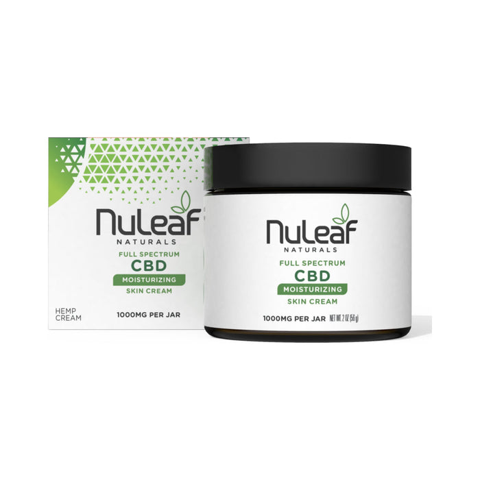 NuLeaf Naturals Full Spectrum CBD Moisturizing Skin Cream 1000mg (2oz) jar and box | CBDdatabase.com