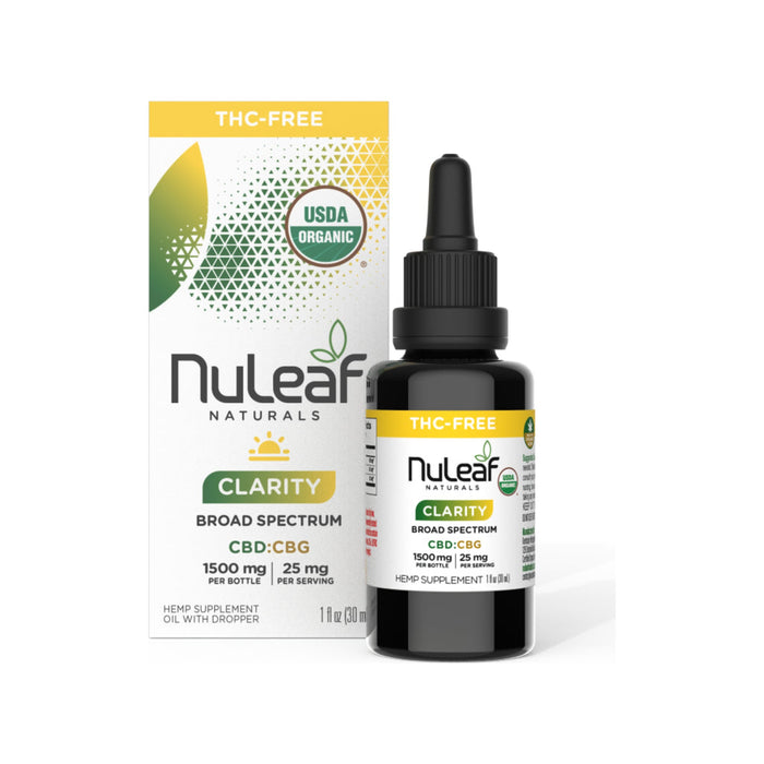 NuLeaf Naturals Clarity Broad Spectrum CBD and CBG Oil 1500mg (30mL) with box