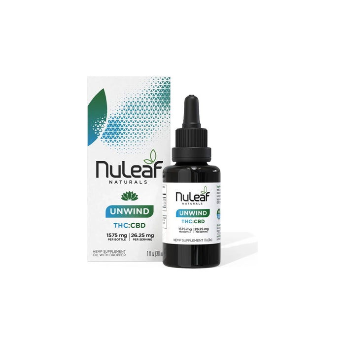 NuLeaf Naturals Unwind Delta 9 THC and CBD Oil (30mL) bottle and box | CBDdatabase.com