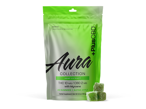 PlusCBD Aura Serene Gummies Alpine Apple 10mg THC 2mg CBD (20 Count) | CBDdatabase.com