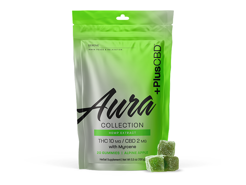PlusCBD Aura Serene Gummies Alpine Apple 10mg THC 2mg CBD (20 Count) | CBDdatabase.com