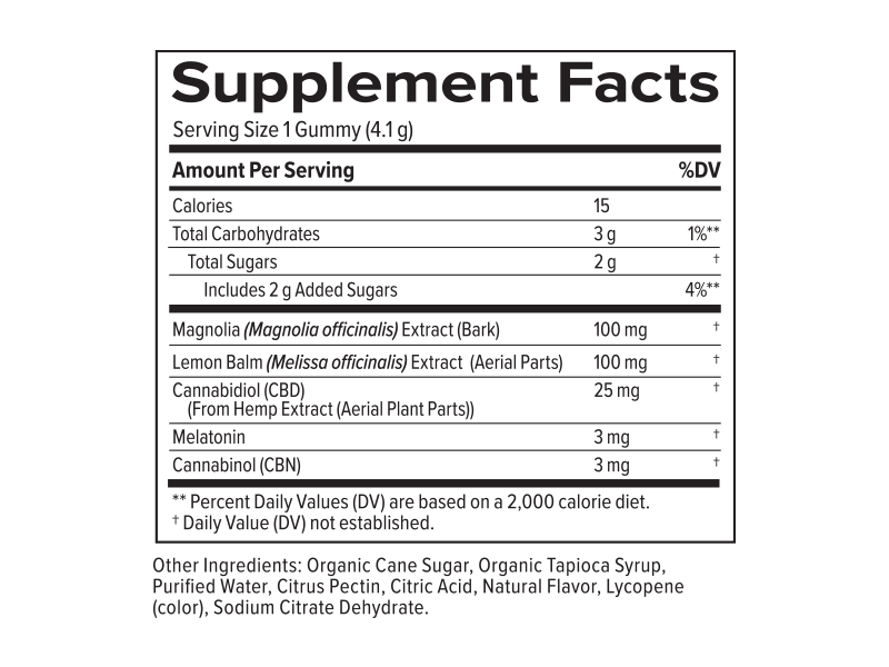 PlusCBD Extra Support Sleep+ CBD Gummies Blackberry 25mg (30 Count) supplement facts | CBDdatabase.com