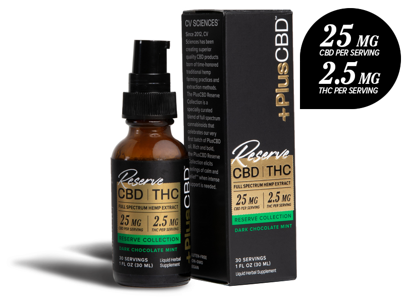 PlusCBD Reserve CBD Oil Dark Chocolate Mint 750mg CBD 75mg THC (1 fl oz) | CBDdatabase.com
