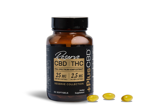 PlusCBD Reserve CBD Softgels 25mg CBD 2.5mg THC (60 Count) | CBDdatabase.com