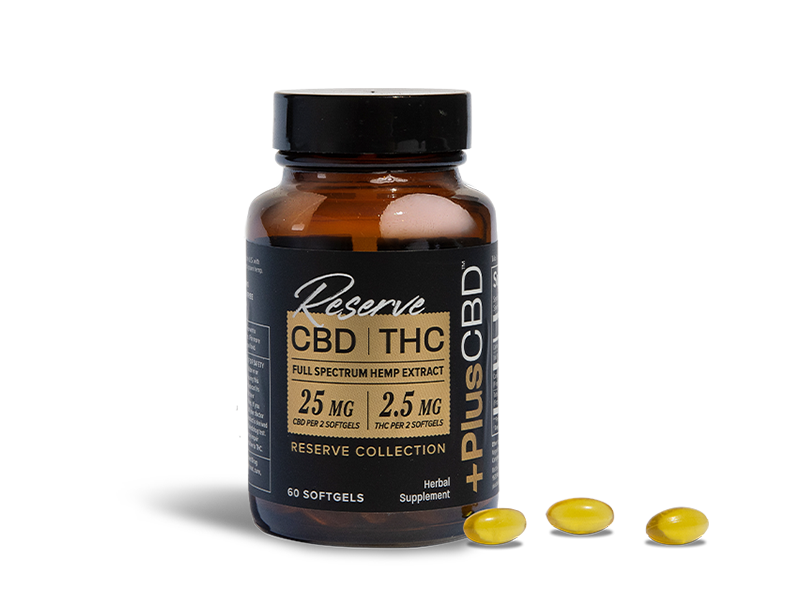 PlusCBD Reserve CBD Softgels 25mg CBD 2.5mg THC (60 Count) | CBDdatabase.com