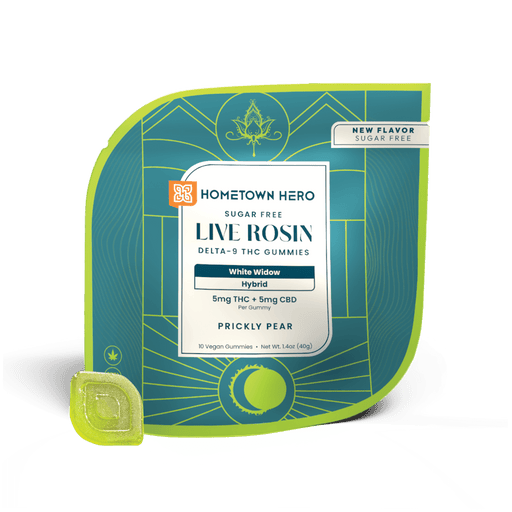 Hometown Hero Live Rosin Delta 9 + CBD Gummies Sugar Free Prickly Pear White Widow 5mg (10 Count) | CBDdatabase.com