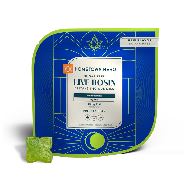 Hometown Hero Live Rosin Delta 9 Gummies Sugar Free Prickly Pear White Widow 25mg (10 Count) | CBDdatabase.com