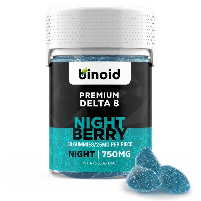 Binoid Delta 8 Gummies Night Berry jar with gummies