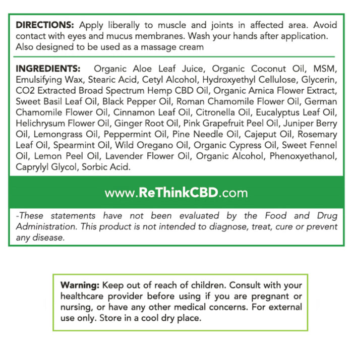 ReThink CBD Muscle & Joint Cream + Arnica label | CBDdatabase.com