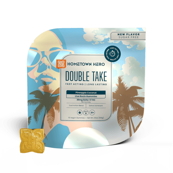 Hometown Hero Double Take Delta 9 Gummies Sugar Free Pineapple Coconut 20mg (10 Count) | CBDdatabase.com