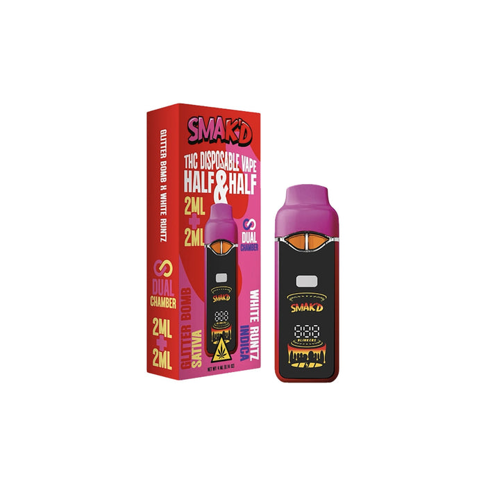 Smak'd Half and Half Live Resin THC Dual Chamber Disposable Vape 4mL Glitter Bomb / White Runtz front | CBDdatabase.com