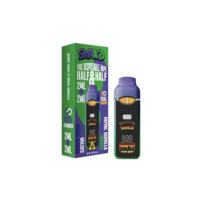 Smak'd Half and Half Live Resin THC Dual Chamber Disposable Vape 4mL Grape Kush / Royal Gorilla front | CBDdatabase.com