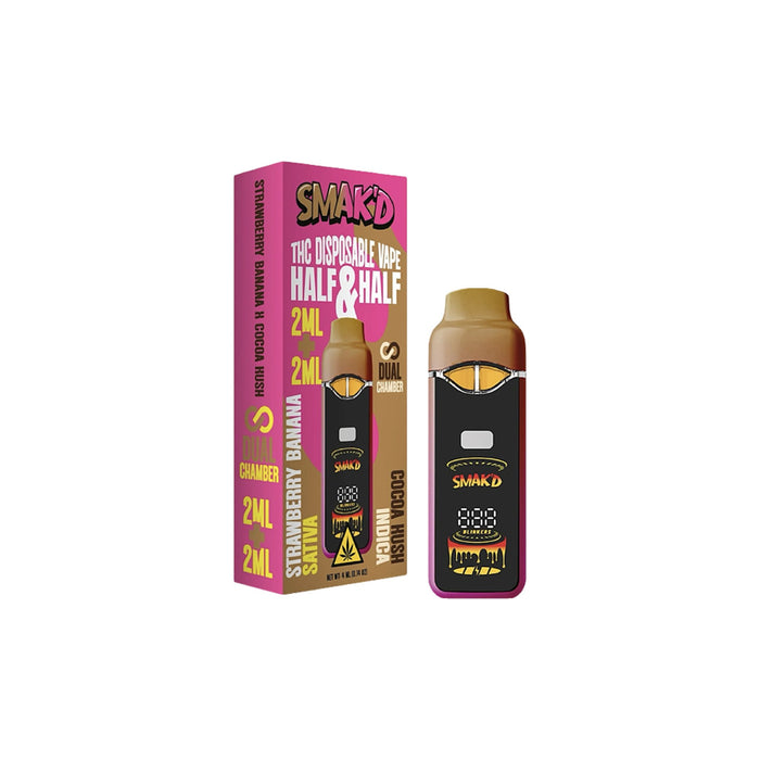 Smak'd Half and Half Live Resin THC Dual Chamber Disposable Vape 4mL Strawberry Banana / Cocoa Kush front | CBDdatabase.com