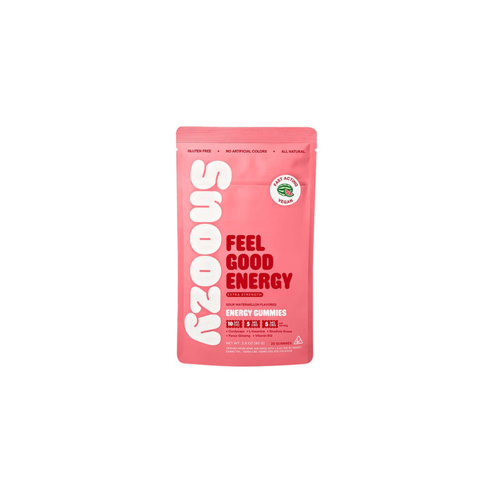 Snoozy Feel Good Energy Delta 9 THC Gummies Sour Watermelon 20 Count Extra Strength front | CBDdatabase.com