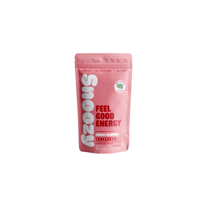 Snoozy Feel Good Energy Delta 9 THC Gummies Sour Watermelon 20 Count Regular front | CBDdatabase.com