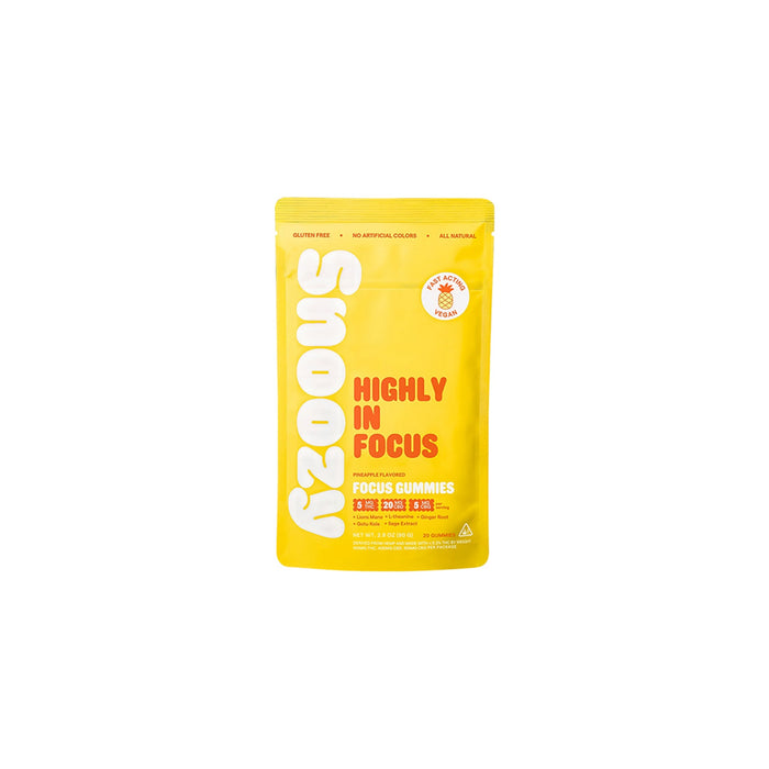 Snoozy Highly In Focus Delta 9 THC Gummies Pineapple 20 Count front | CBDdatabase.com