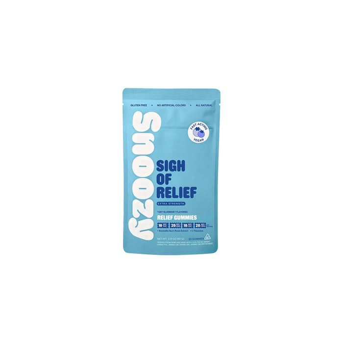 Snoozy Sigh of Relief Delta 9 THC Gummies Tart Blueberry 20 Count Extra Strength front | CBDdatabase.com