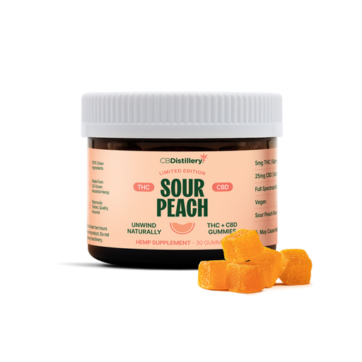 CBDistillery Limited Edition Full Spectrum Delta 9 THC and CBD Gummies Sour Peach 30mg (30 Count) jar with gummies