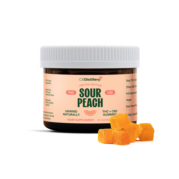 CBDistillery Limited Edition Full Spectrum Delta 9 THC and CBD Gummies Sour Peach 30mg (30 Count) jar with gummies