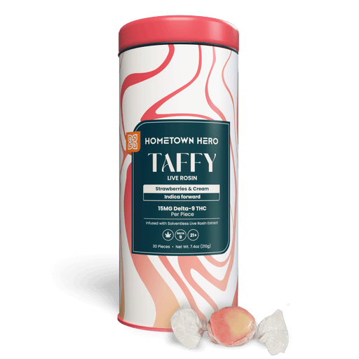 Hometown Hero Live Rosin Delta 9 Taffy Strawberries and Cream 15mg (30 Count) | CBDdatabase.com