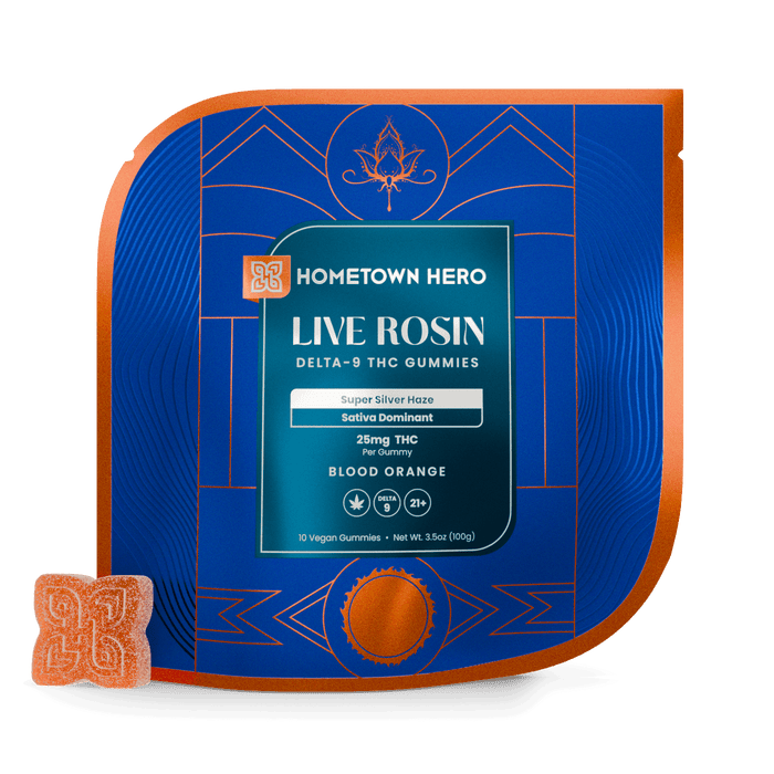 Hometown Hero Live Rosin Delta 9 Gummies Blood Orange Super Silver Haze 25mg (10 Count) | CBDdatabase.com