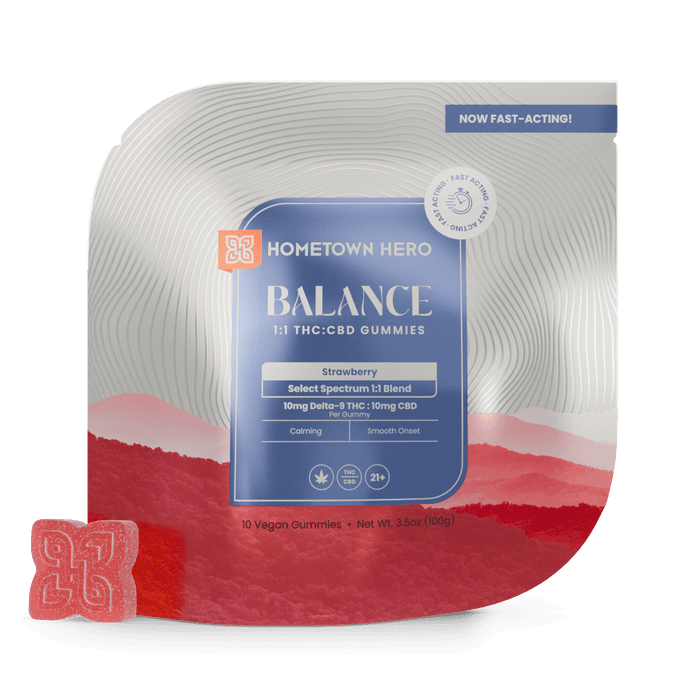 Hometown Hero Balance THC + CBD Gummies Strawberry 10mg THC + 10mg CBD (10 Count) | CBDdatabase.com