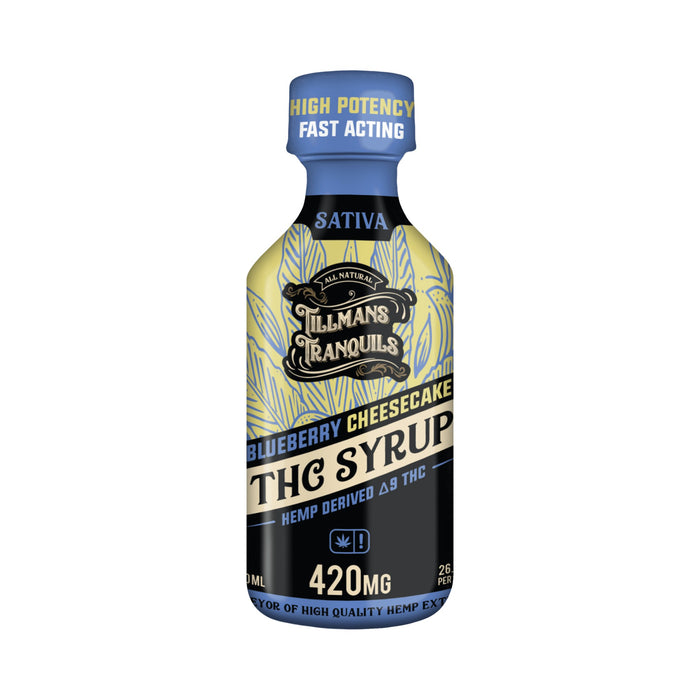 Tillmans Tranquils Delta 9 THC Syrup 420mg Blueberry Cheesecake bottle front