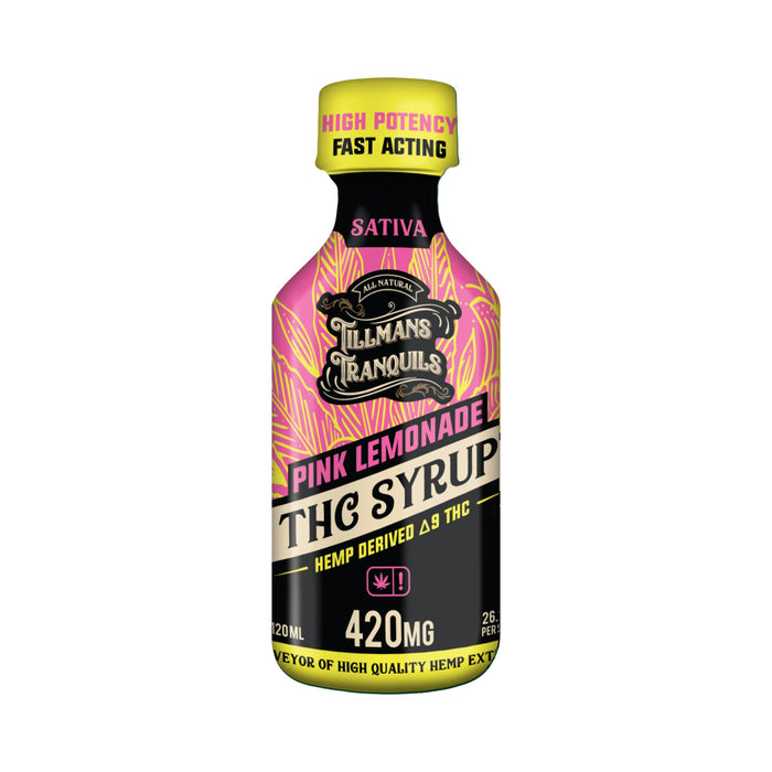 Tillmans Tranquils Delta 9 THC Syrup 420mg Pink Lemonade bottle front