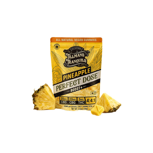 Tillmans Tranquils Perfect Dose Boost Plus CBD CBG and THC Gummies Pineapple (20 Count) front | CBDdatabase.com
