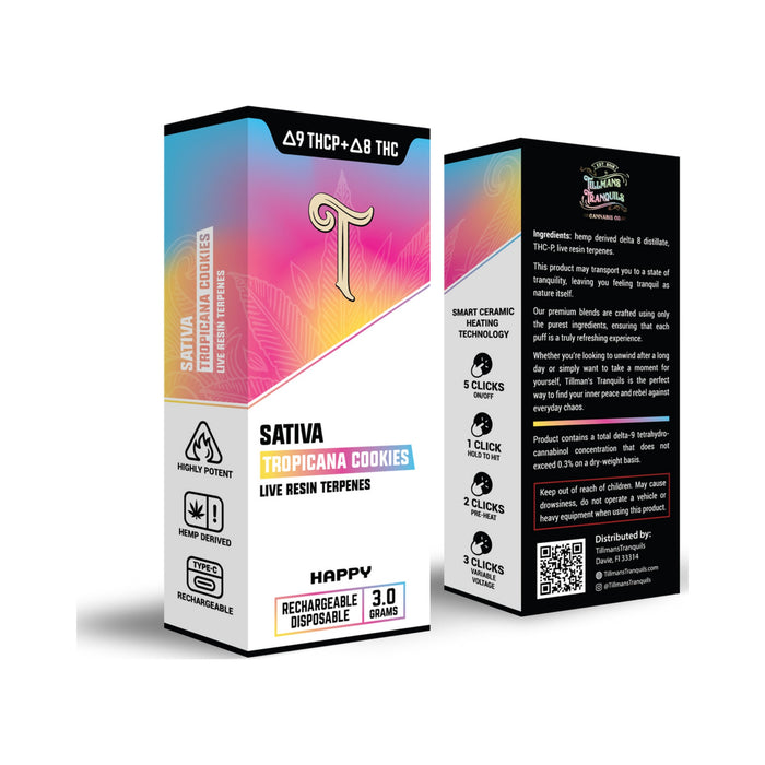 Tillmans Tranquils THCP and Delta 8 Disposable Vape 3g Tropicana Cookies box