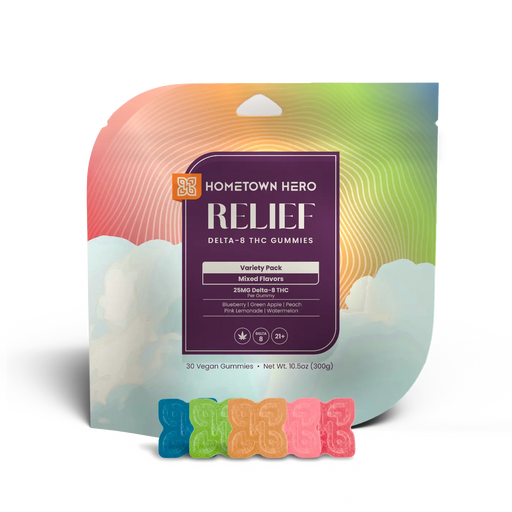 Hometown Hero Relief Delta 8 Gummies Variety Pack 25mg (30 Count) | CBDdatabase.com