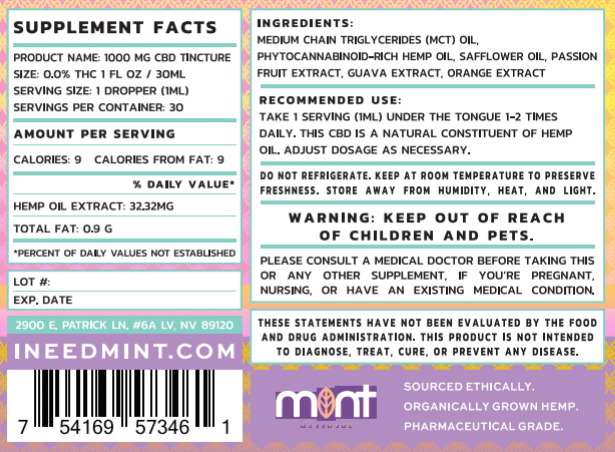 Mint Wellness - CBD Tincture - POG - 500mg-1500mg - Supplement Facts