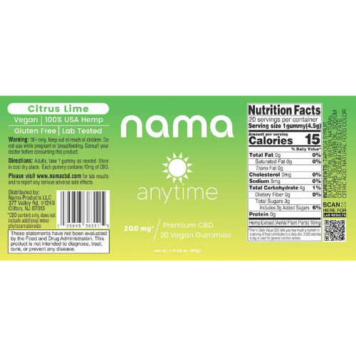 Nama - CBD Edible - Vegan Anytime Gummies - 10mg - Nutrition Facts