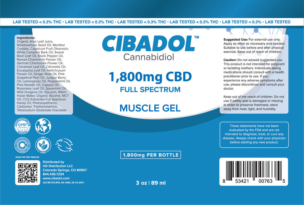 Cibadol - CBD Topical - Full Spectrum Muscle Gel Roll-On - 1800mg - Label