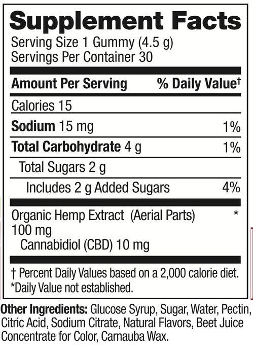 HempFusion - CBD Edible - Summer Cherry Gummies - 10mg - Supplement Facts