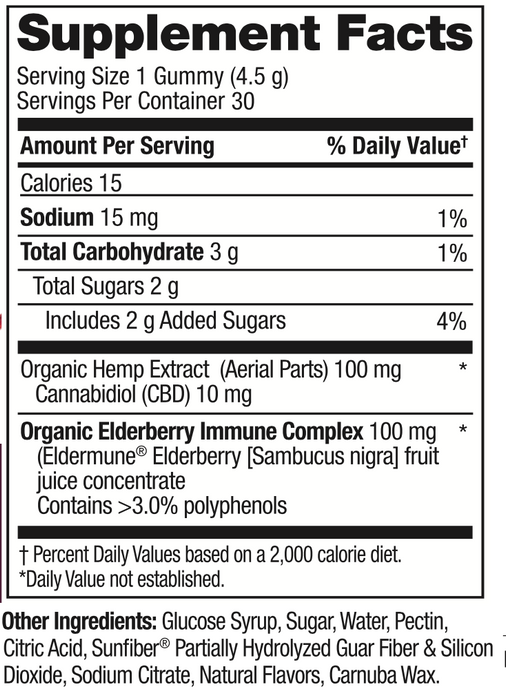 HempFusion - CBD Edible - Immune Support Elderberry Gummies - 10mg - Supplement Facts