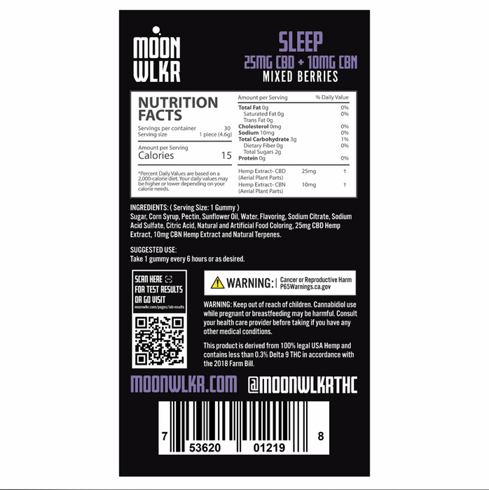 MoonWlkr - CBD Edible - Sleep Gummies + CBN - 25mg - Nutrition Facts