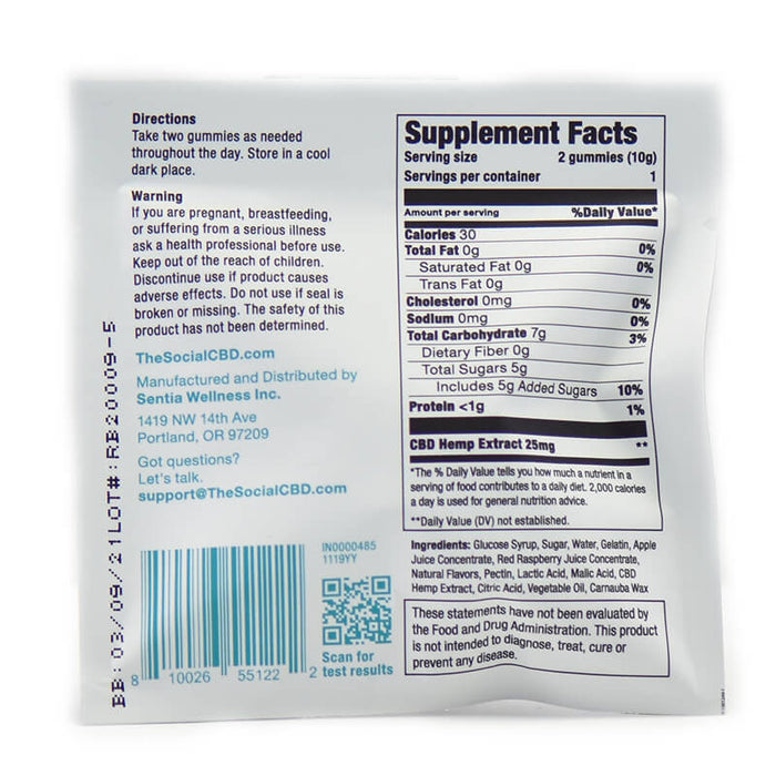 Social CBD - CBD Edible - Broad Spectrum Red Raspberry Gummies - 12.5mg