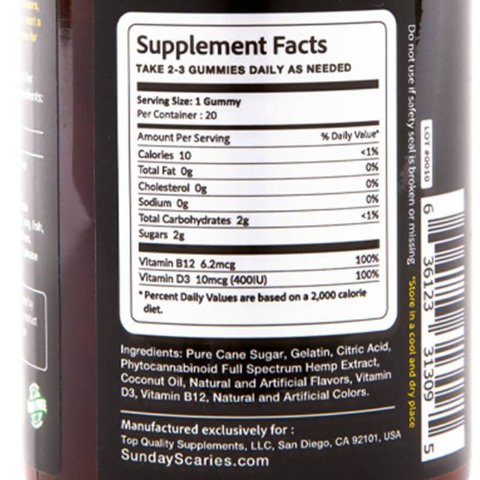 Sunday Scaries - CBD Edible - Broad Spectrum Gummies w/Vitamins B12 & D3 - 10mg - Supplement Facts