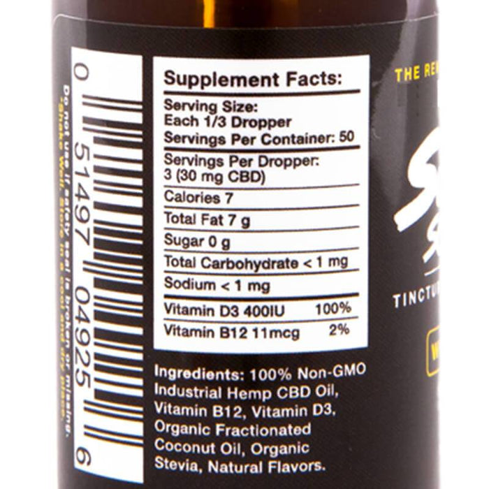 Sunday Scaries - CBD Tincture - Broad Spectrum w/Vitamins B12 & D3 - 500mg - Supplement Facts