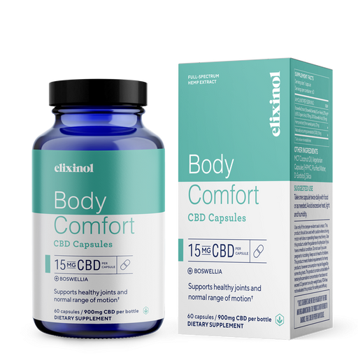 Elixinol - CBD Capsules - Body Comfort CBD Capsules - Full Spectrum - Box & Bottle
