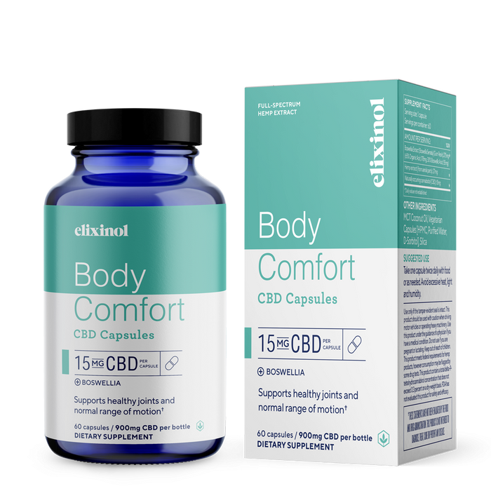 Elixinol - CBD Capsules - Body Comfort CBD Capsules - Full Spectrum - Box & Bottle