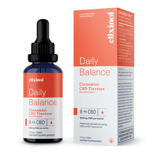 Elixinol - CBD Tincture - Daily Balance CBD Tincture - Full Spectrum - Cinnamint - Bottle & Box