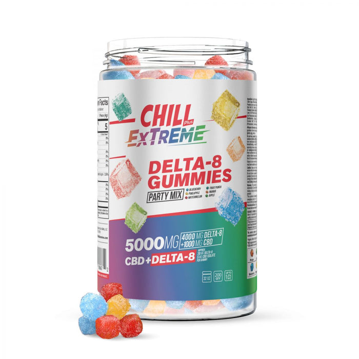 Chill Plus - Delta 8 Edible - Delta 8 Extreme Extreme Party Mix Gummies - 5000mg - Open Jar