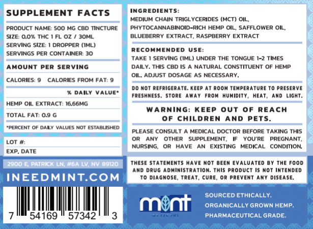 Mint Wellness - CBD Tincture - Blue Raspberry - 500mg-1500mg - Supplement Facts