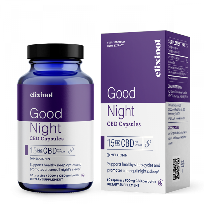 Elixinol - CBD Capsules - Good NIght CBD Capsules - Full Spectrum - Box & Bottle